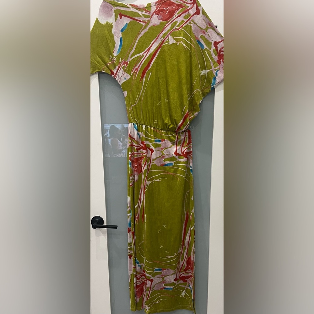 Kanvas Maxi Dress Asymmetrical Neckline Sleeves Deep Front Slit Artistic Sz S